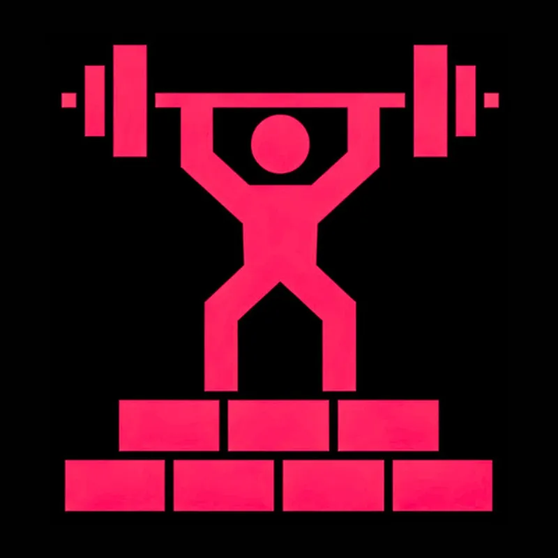 a cartoon man powerlifting a barbell while standing on some bricks.